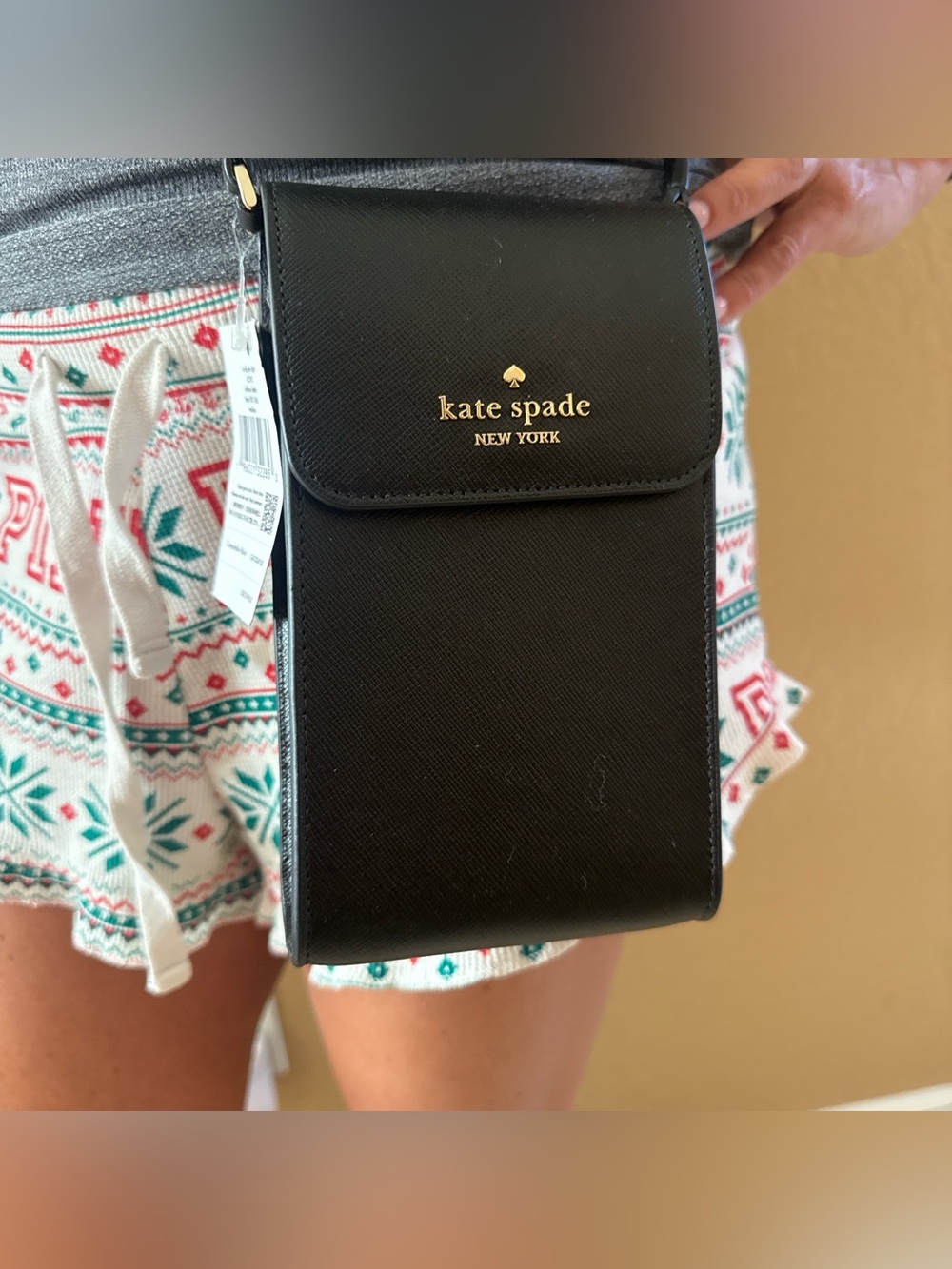 kate spade Black Leather Crossbody Phone Pouch with Gold Logo